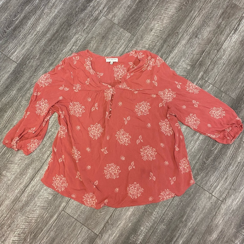 Skies Are Blue Coral Floral Blouse 3x